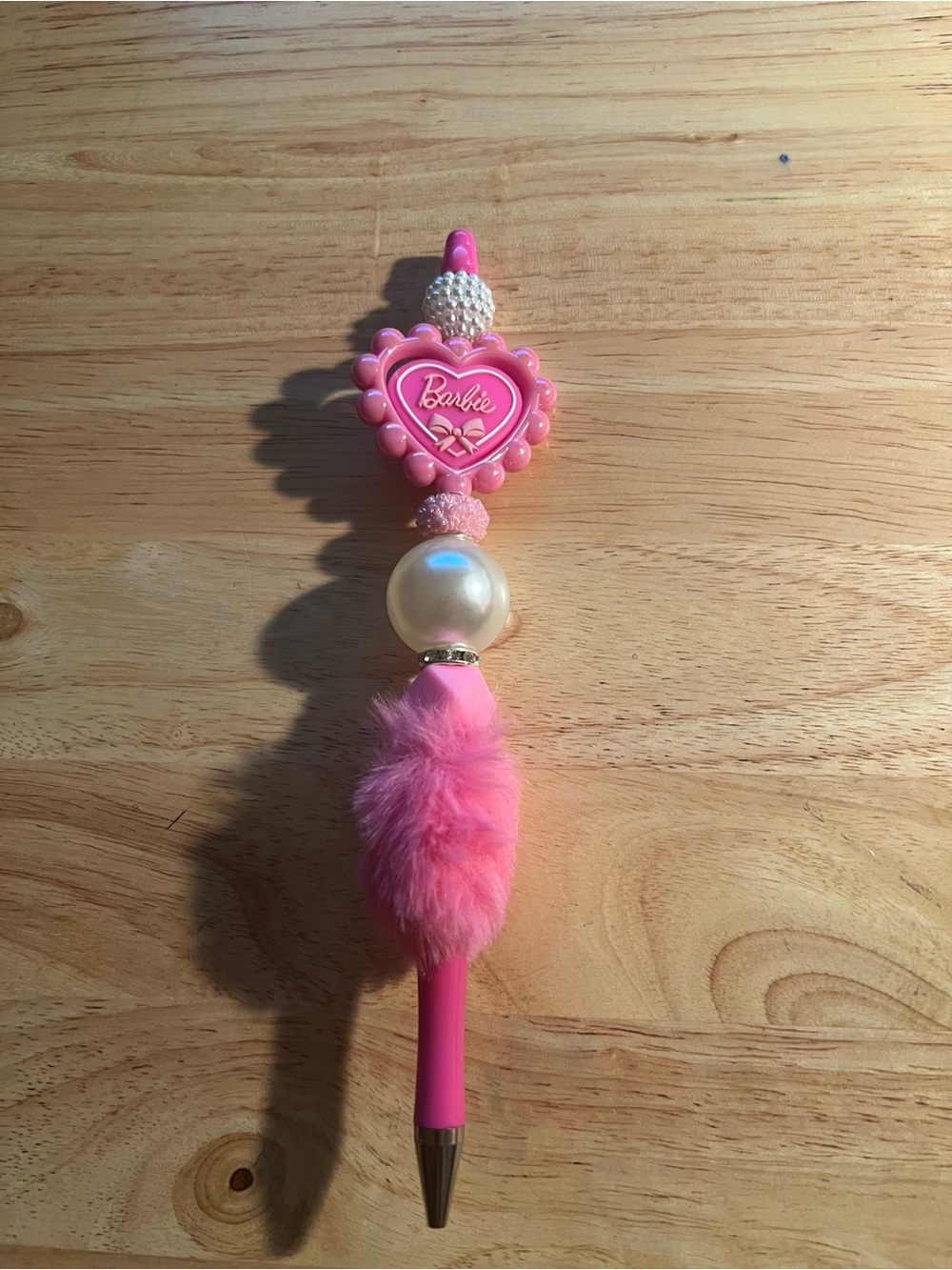 Handmade Barbie Pink Heart Topper Pen with Faux Pearl and Fuzzy Pom